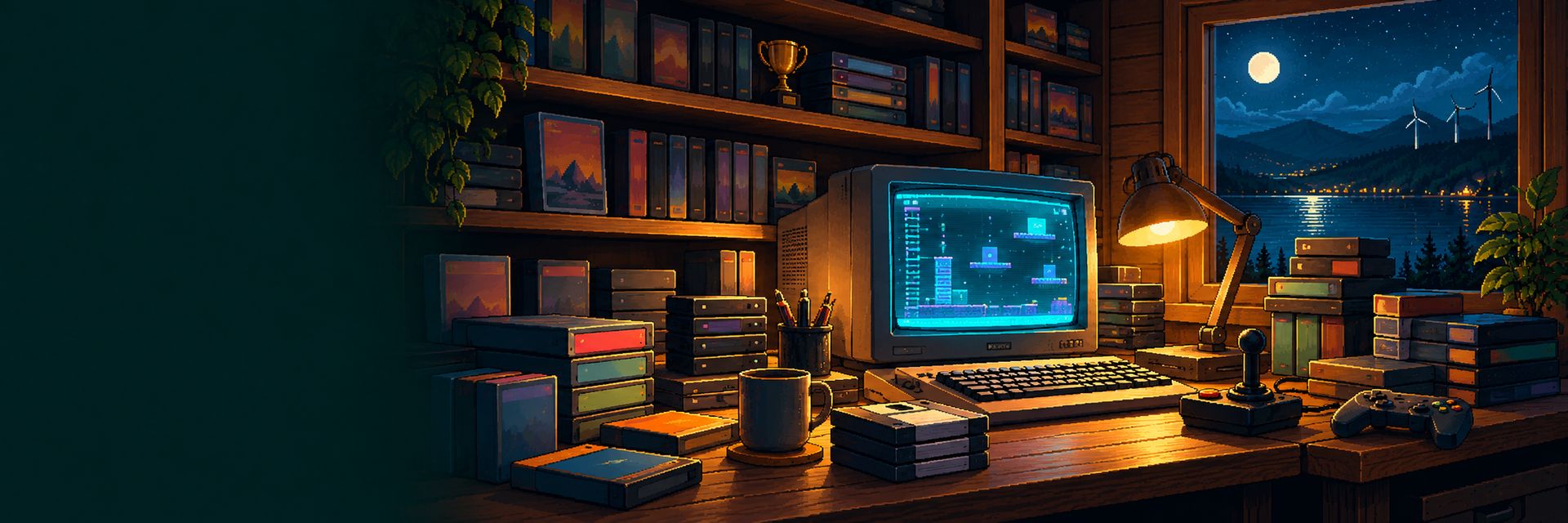 Pixel-art illustration: a desk with a CRT monitor showing a platform game, a joystick, a gamepad and floppy disks, shelves full of game boxes and a small trophy behind it.