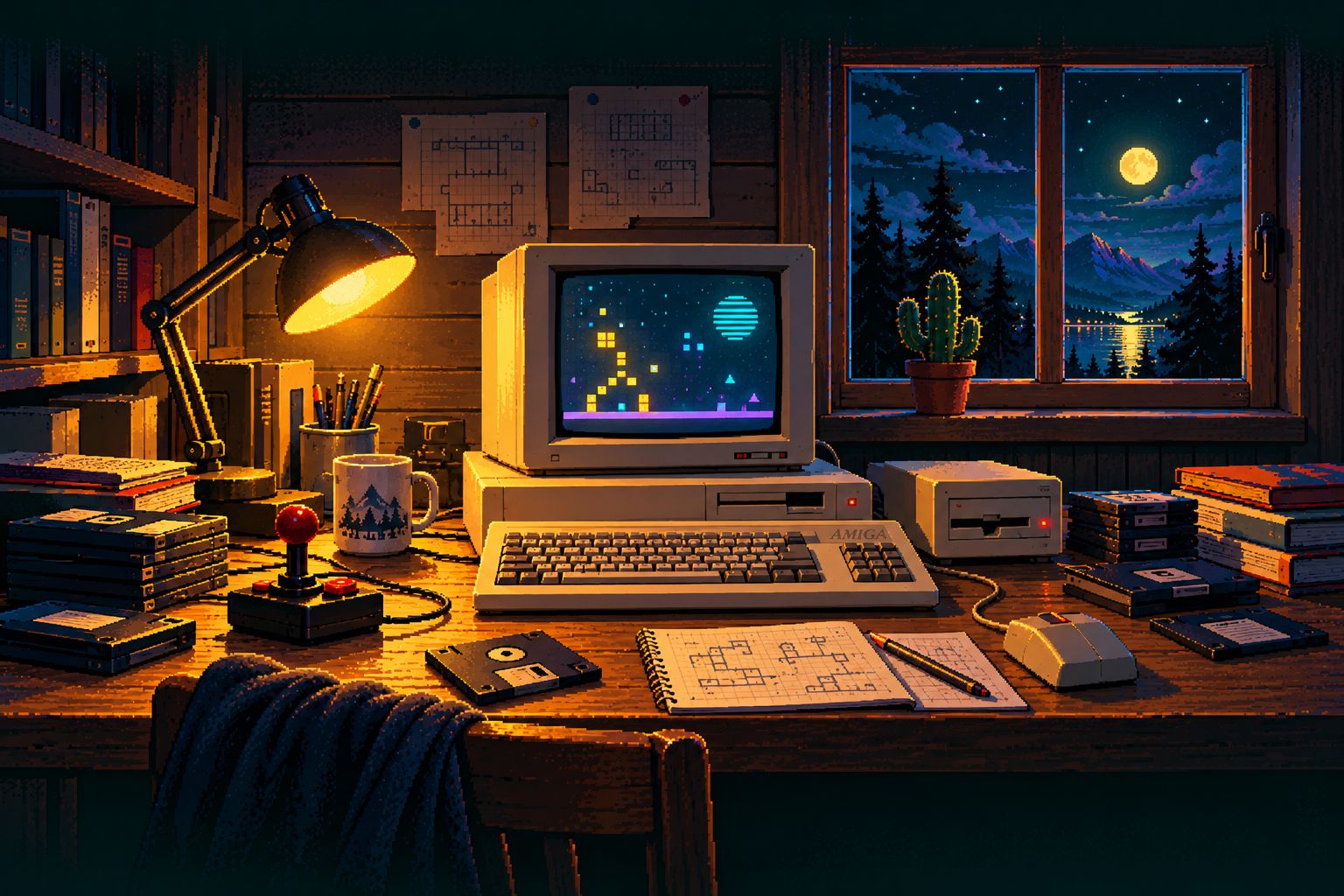 Pixel-art illustration of a desk in the late 1980s: a beige home computer with a CRT monitor, a joystick and stacks of floppy disks under a desk lamp, a moonlit lake outside the window.
