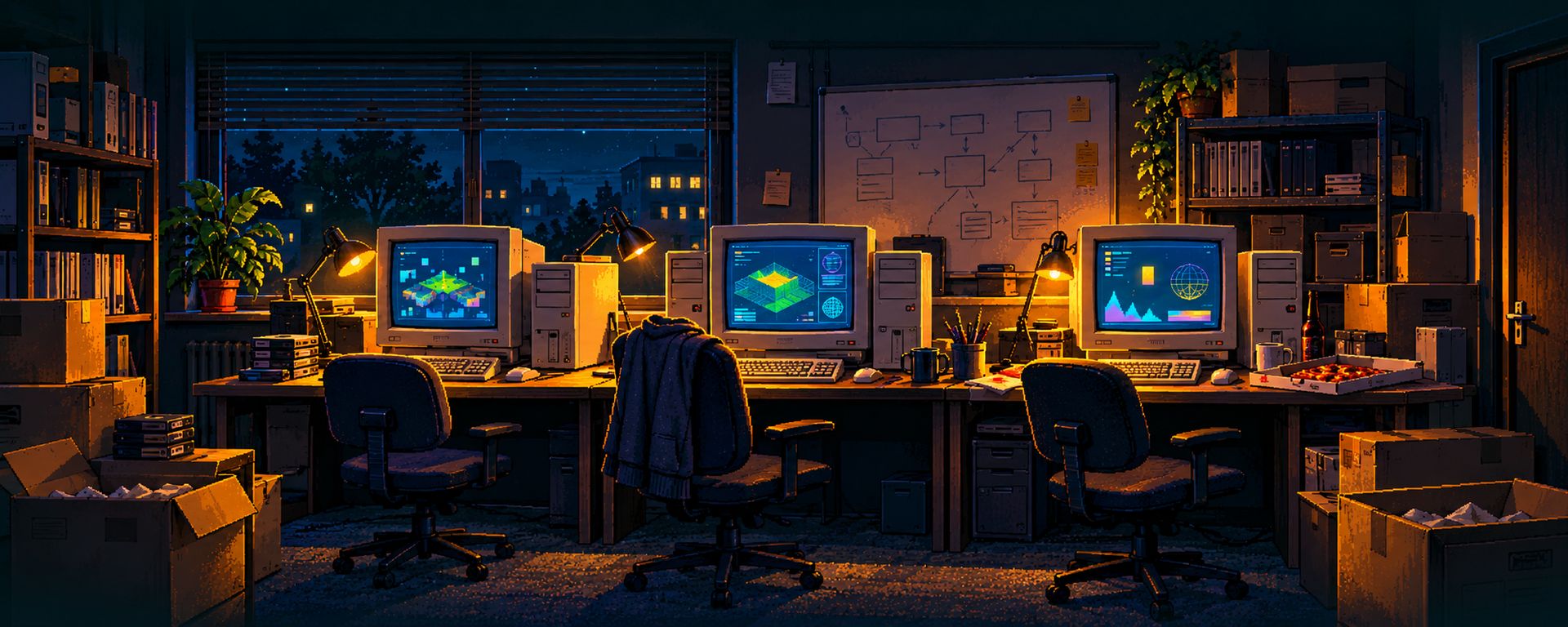 Pixel-art illustration of a small studio office around the year 2000, at night: three desks with tower PCs and CRT monitors, a whiteboard full of diagrams, moving boxes still standing around.