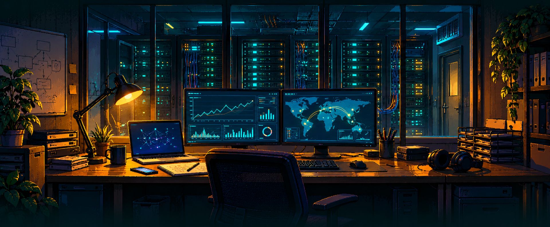 Pixel-art illustration of a desk in front of a glass wall to a server room: two monitors with dashboards and a world map with glowing connections, a laptop and headphones.