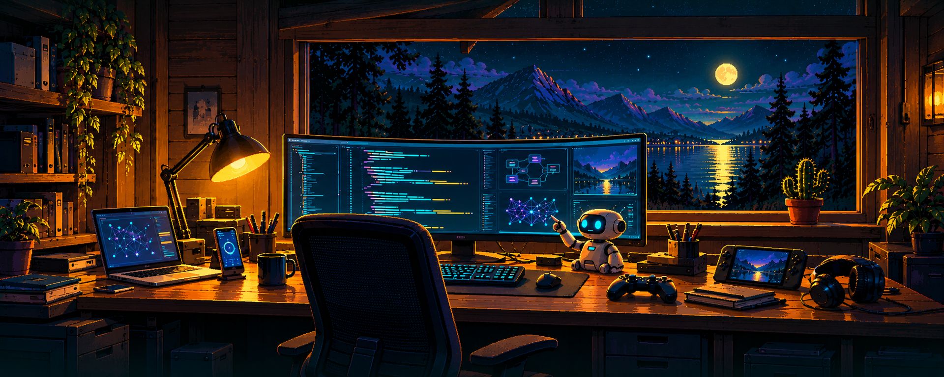 Pixel-art illustration of a desk in a wooden cabin at night: a wide curved monitor full of code, a small robot on the desk pointing at the screen, a gamepad, a handheld console and headphones, a moonlit lake outside the window.