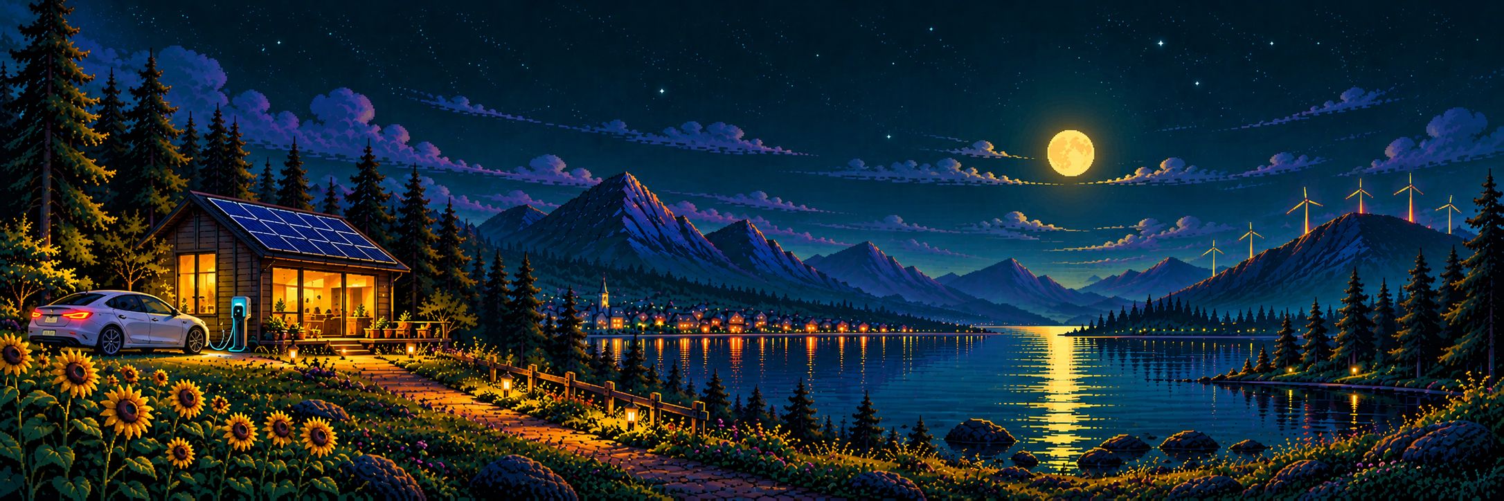 Pixel-art night landscape: a lamp-lit path leads to a cabin with solar panels and a charging electric car, beside a moonlit lake with a small town and a wind farm in the distance.