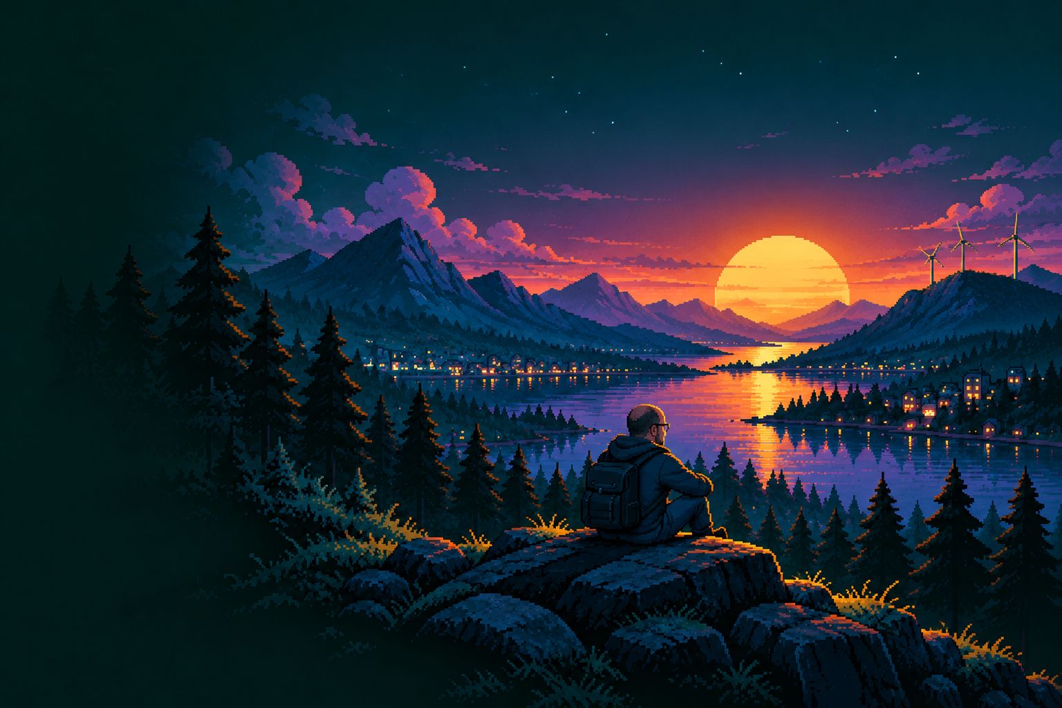 Pixel-art landscape at dusk: a man with a backpack sits on a rock above a mountain lake and watches the sun set behind the mountains. Town lights line the shore, wind turbines stand on a ridge.