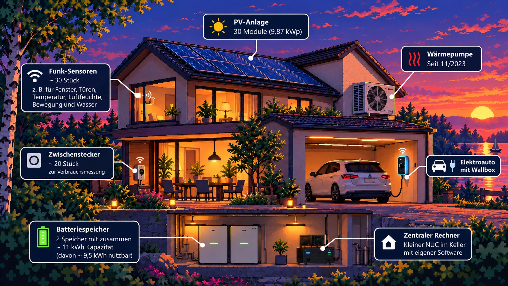 Das Haus als Pixelbild im Abendlicht, mit Schildern an dem, was dranhängt: PV-Anlage mit 30 Modulen, Wärmepumpe, Elektroauto mit Wallbox, zwei Batteriespeicher und der zentrale Rechner im Keller, rund 30 Funk-Sensoren und rund 20 Zwischenstecker
